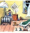 Грязнуля сидит  на кроват, а от него убегают вещи