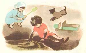 Девочка сидит у грязной лужи и играет