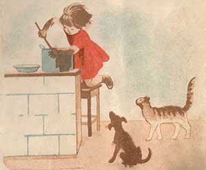 Возится грязными руками у закопченой кастрюли