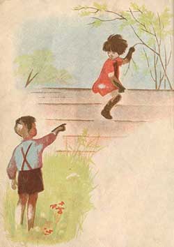 Мальчик показывает пальчем на девочку на заборе