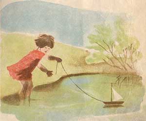 Девочка играет в кораблик в пруду