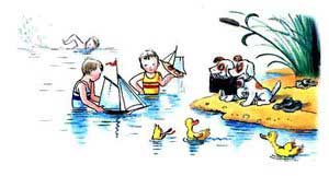 Дети купаются в реке, и пускают кораблики